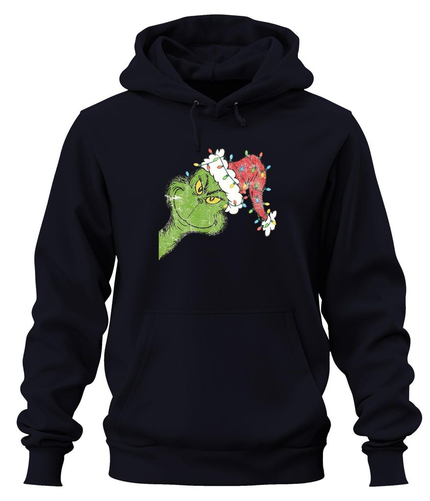 Grinch Gesicht Lichterkette Weihnachtshut Weihnachtsfilm Weihnachten Uni Hoodie Kapuzenpullover, Navy, XXL