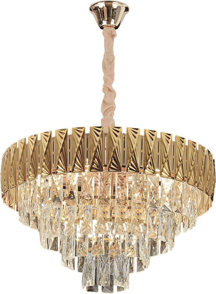 A gold and crystal chandelier hanging from a light pink cord.