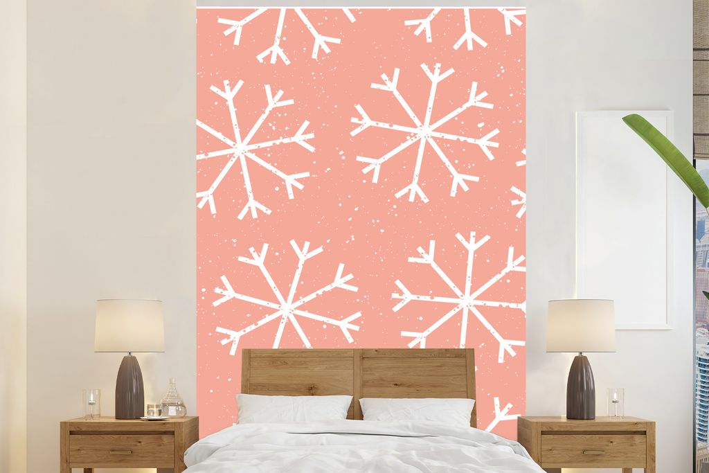 MuchoWow Fototapete für Wohnzimmer oder Schlafzimmer Wandtapete Vinyl Motivtapete Schnee - Muster - Rosa - 170x260 cm - Wohnzimmertapete