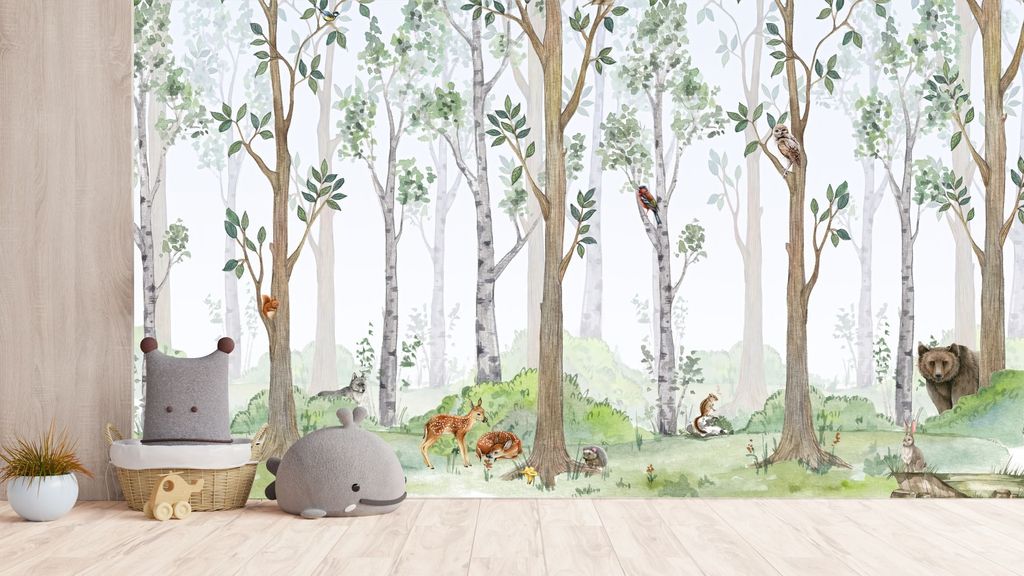Deco-Wall | Viles Fototapete- Kinderzimmer | Wald, Bäume, Waldtiere | 200x135 cm | Wandtapete | Wandsticker für Kinder