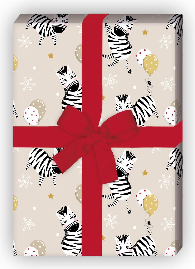Zarte Kinder Geschenkpapier, beige mit Zebras und Ballons - Produktbild 