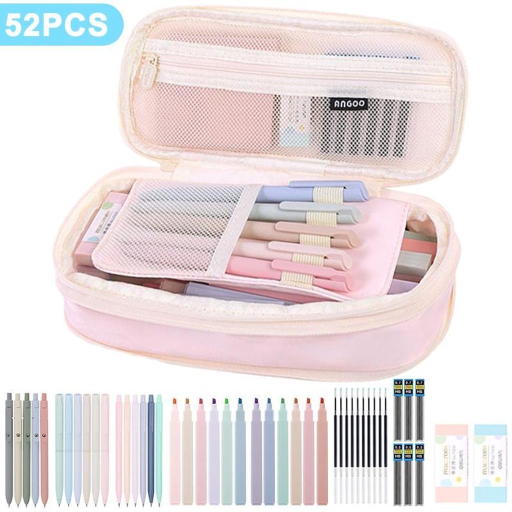 52-teiliges Schrein-Set,Textmarker, Druckbleistifte (0,5/0,7), Minen, Gelstifte, Haftnotizen & Etui – ideal für Büro & Schule