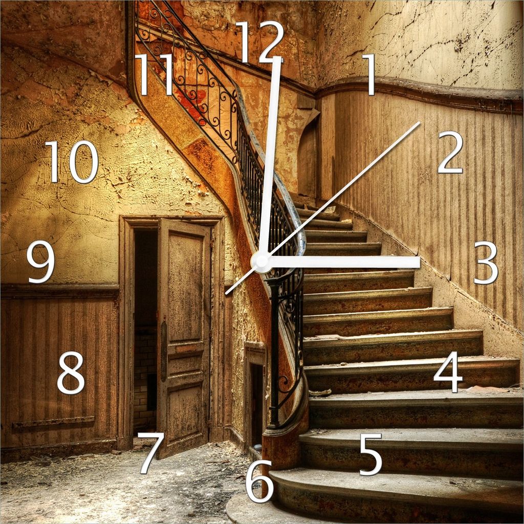 Wallario Design Wanduhr Rustikale Holztreppe aus Echtglas, Größe 30 x 30 cm