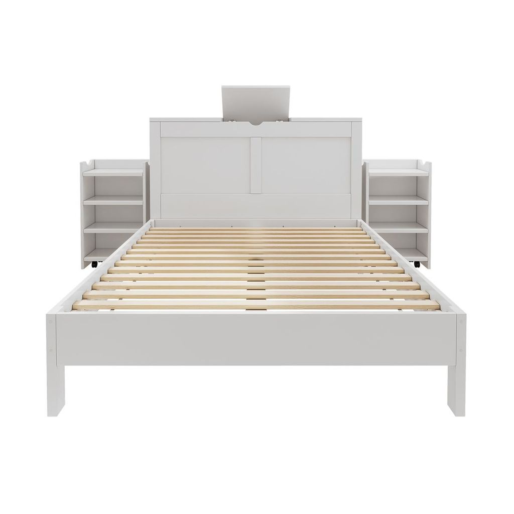 Bettgestell mit 2 ausziehbaren Nachttischen Massivholzbett Doppelbett Gästebett 140*200cm Weiß