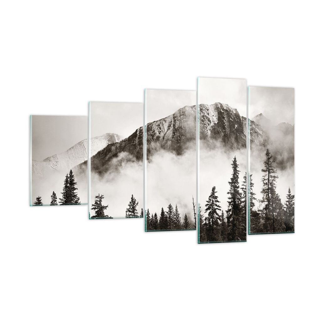 Bilder auf glas - 5 Teile - Nebel Berg Wald - 100x60cm - Glasbilder - Wandbilder - Bilder - zum Aufhängen bereit - Wanddekoration aus Glas - Glas ...
