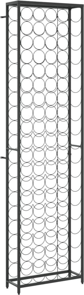 A tall, black metal wine rack with many circular compartments for bottles.