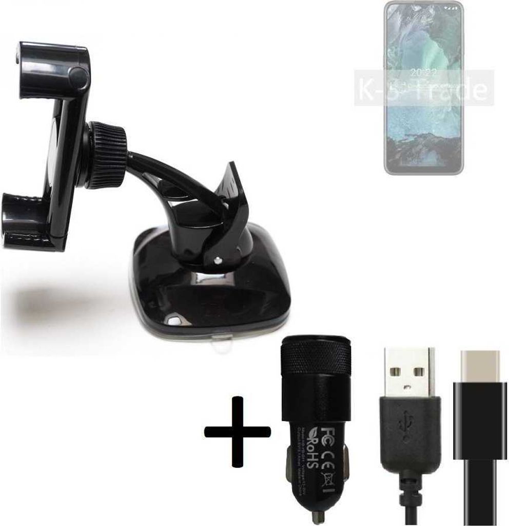 K-S-Trade Handy-Halterung kompatibel mit Nokia G11 Windschutzscheibe / Armaturenbrett + LADEGERÄT mit Mico USB Kabel Autohalterung Scheiben-Halterung