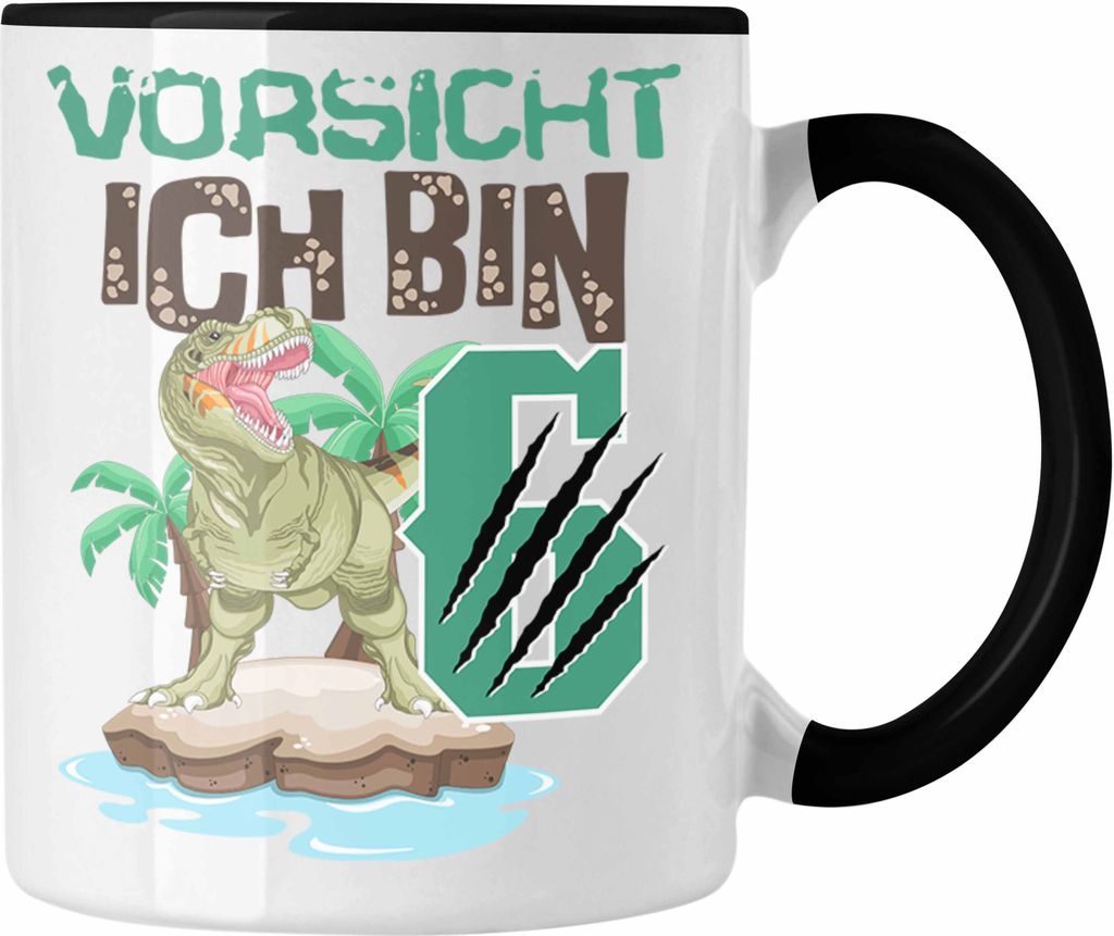 Trendation - Vorsicht Ich Bin 6 Geschenk 6er Geburtstag Geschenkidee Jungs Dinosaurier Tasse Becher T-rex (Schwarz)