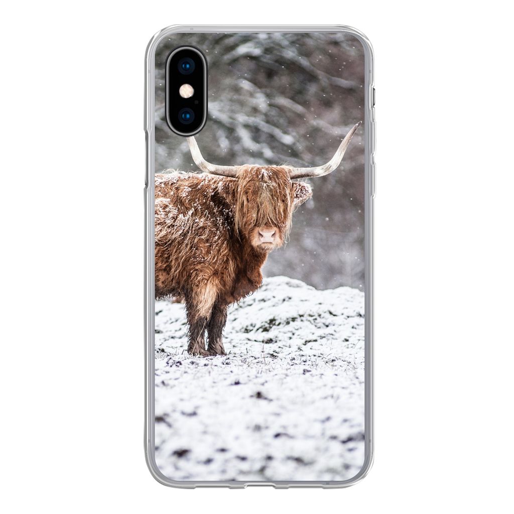 MuchoWow Handyhülle Schutzhülle Hülle für iPhone X Schottischer Highlander - Baum - Schnee Silikon Softcase Handy Hülle - Handyhülle