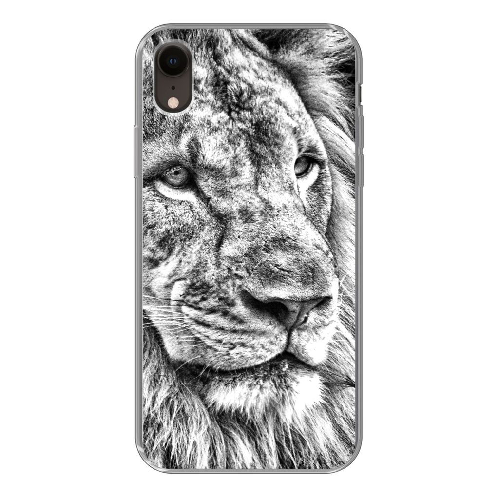 MuchoWow Handyhülle Schutzhülle Hülle für iPhone XR Porträt - Löwe - Schwarz und weiß Silikon Softcase Handy Hülle - Schutzdeckel