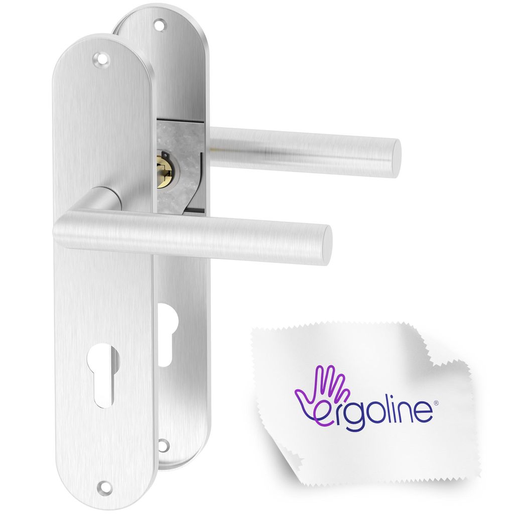 Two door handles with escutcheons and a cleaning cloth with a logo.