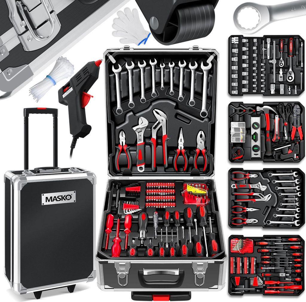 MASKO Werkzeugkoffer 1400-teiliges Werkzeugset im Aluminium-Koffer mit Rollen | Werkzeugkasten Profi Werkzeug & Zubehör für Werkstatt, KFZ & Ha...