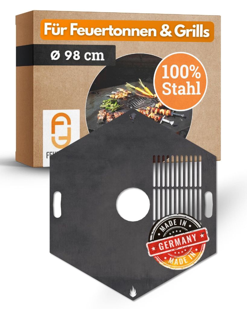 Feuerplatte Grillplatte mit integriertem Rost 6-eckig Ø 98 cm Design 3