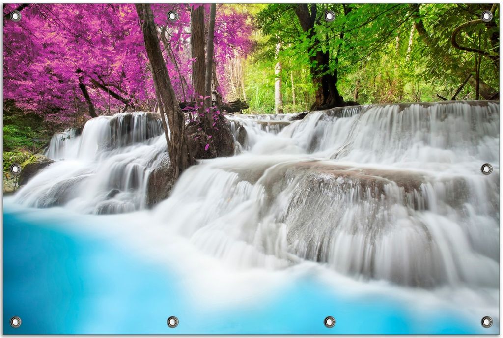 Wallario Outdoor-Poster für Garten oder Balkon, Motiv Wasserfall in einem bunt gefärbten Wald, in ca. 80 x 120 cm
