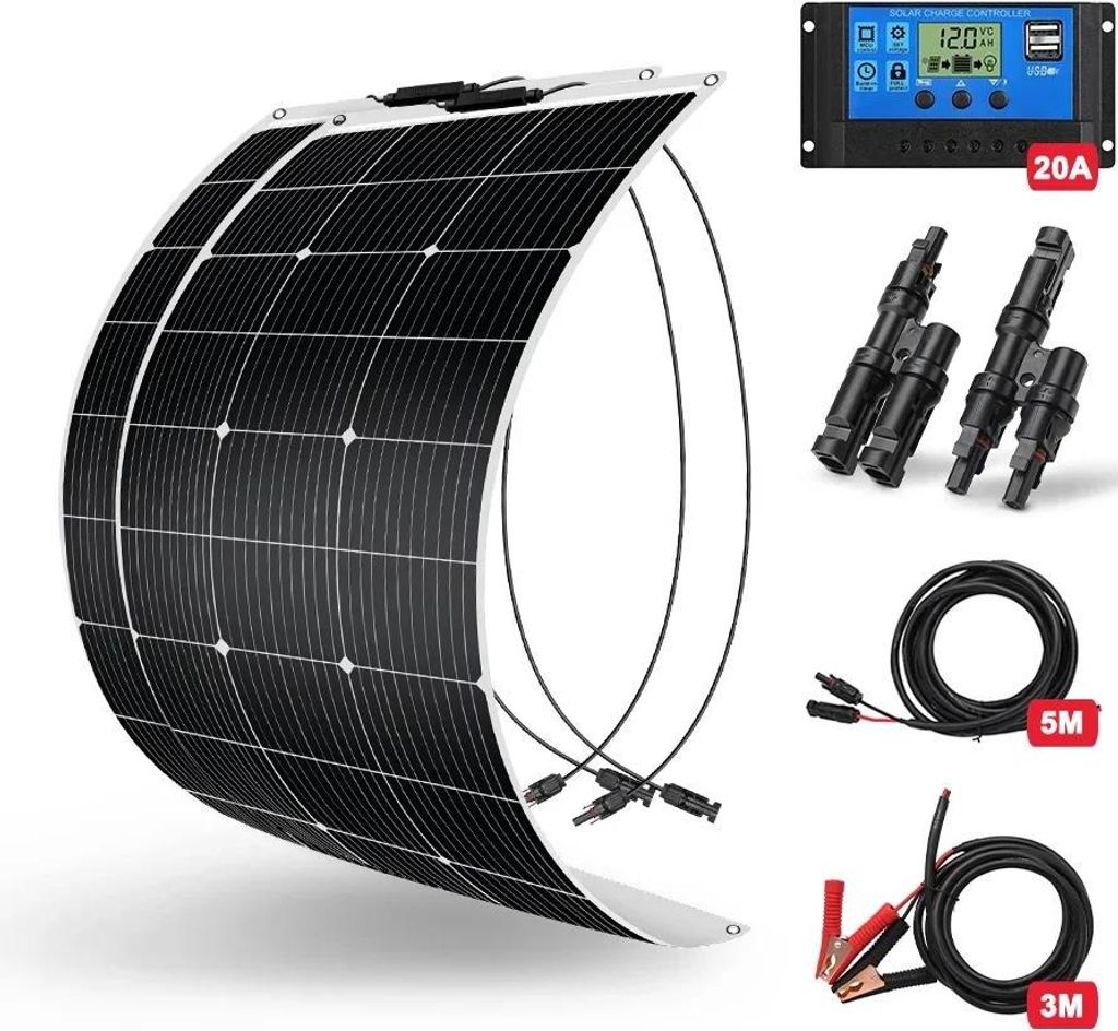 Flexibles Solarpanel-Set - 2er Kit - Monokristallin 12V - Ca. 200W (2×100W) - Vmpp 18V, Impp 5,56A - 97,4×56,5 cm je Panel - Dunkelblau