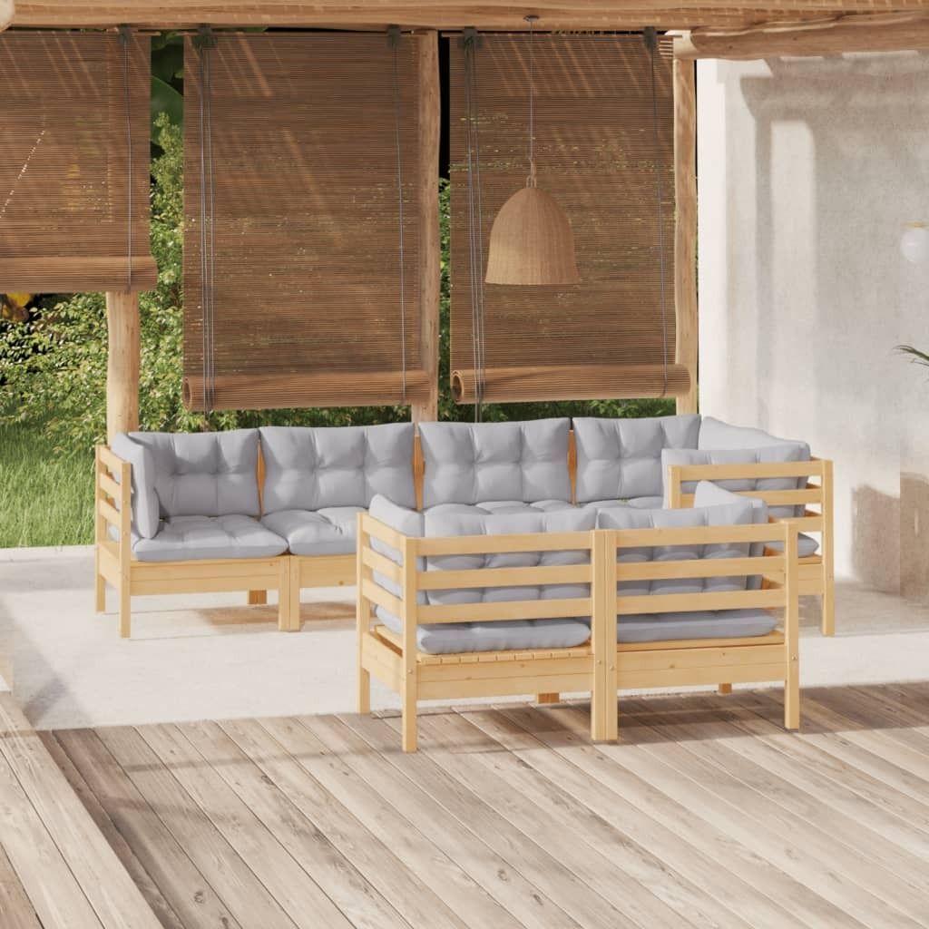 Praktischen 7-tlg. Garten-Lounge-Set mit Grauen Kissen Kiefer Massivholz |Klassische Gartenset Sitzgruppe 1409156