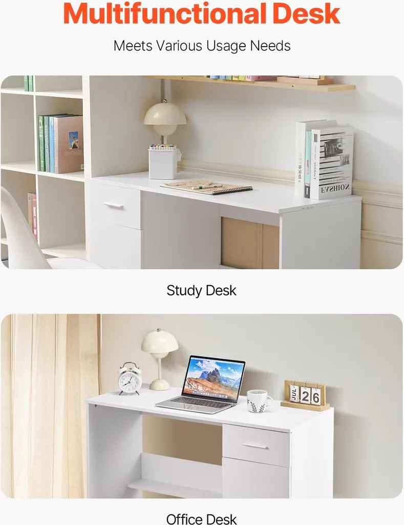 Table de bureau blanche rectangulaire avec étagère modulable en bois MDF - 6