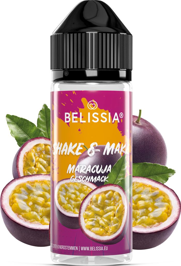 Belissia Shake and Make Maracuja - 10ml hochdosiertes Lebensmittelaroma + 120ml Schüttelflasche - Für Backen, Speisen, Getränke, Shakes, DIY & uvm.