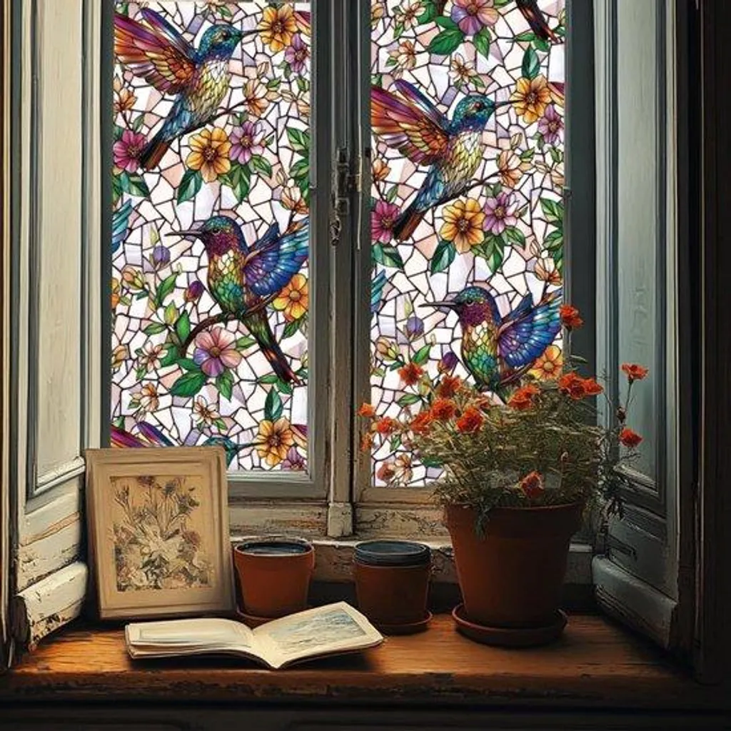 Décoration de fenêtre fleurs et colibris, sticker vitre été 20x30cm