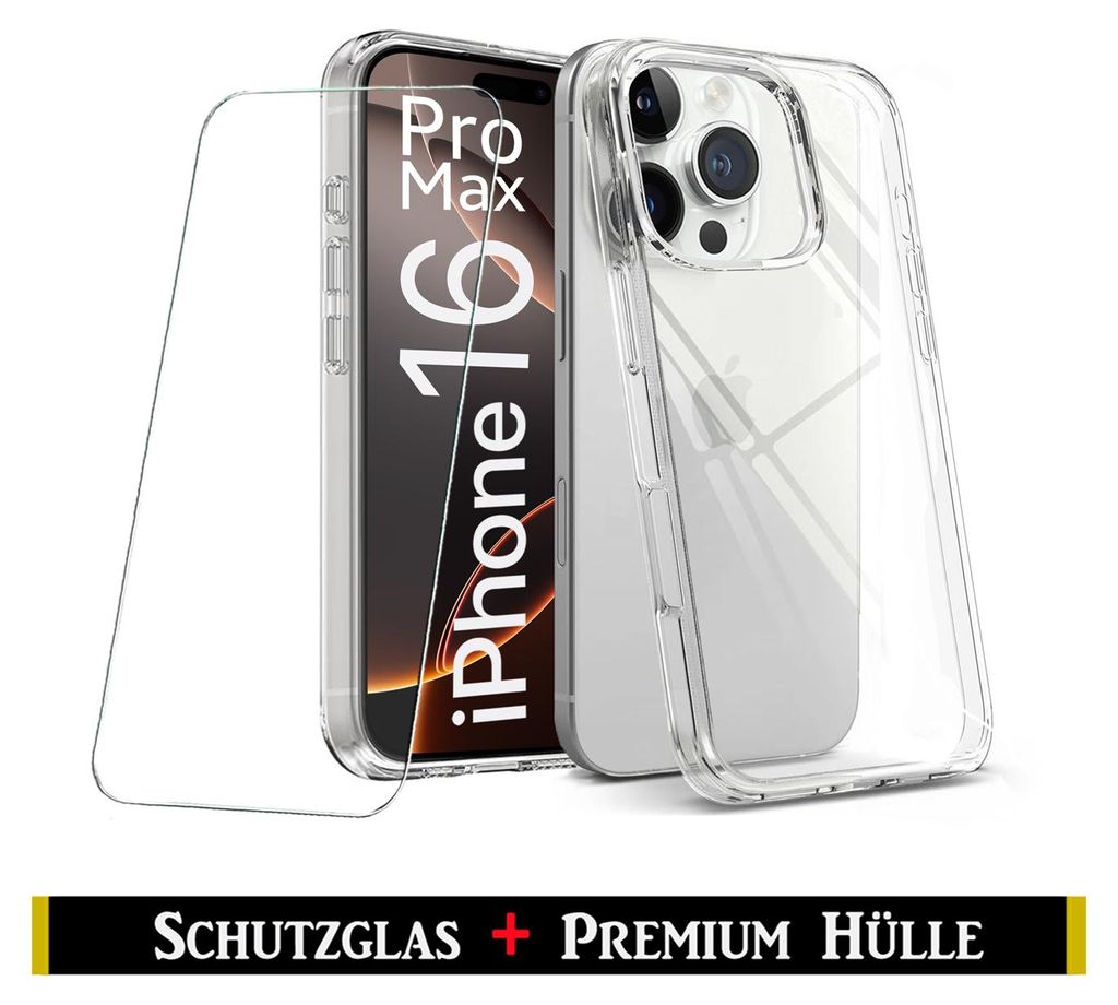 A clear protective case and screen protector for an iPhone 16 Pro Max are displayed against a white background.