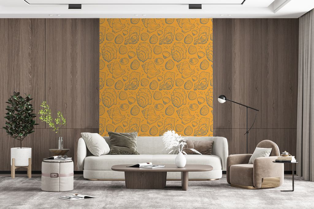 MuchoWow Fototapete für Wohnzimmer oder Schlafzimmer Wandtapete Vinyl Motivtapete Muscheln - Gelb - Orange - Muster - 165x220 cm - Wanddekorationen