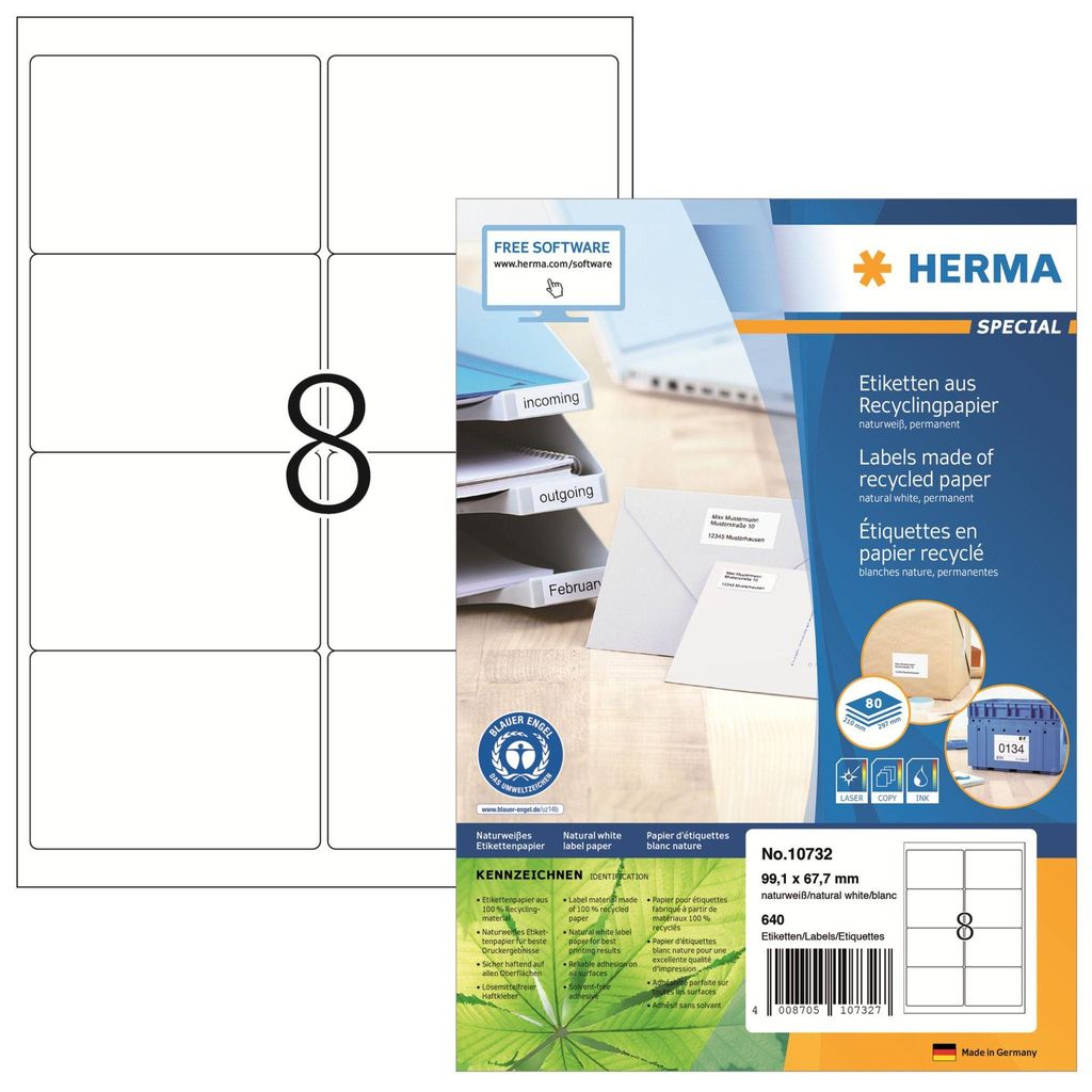 HERMA 10732, Weiß, Selbstklebendes Druckeretikett, Gestanztes Etikett, A4, Papier, Laser/Inkjet