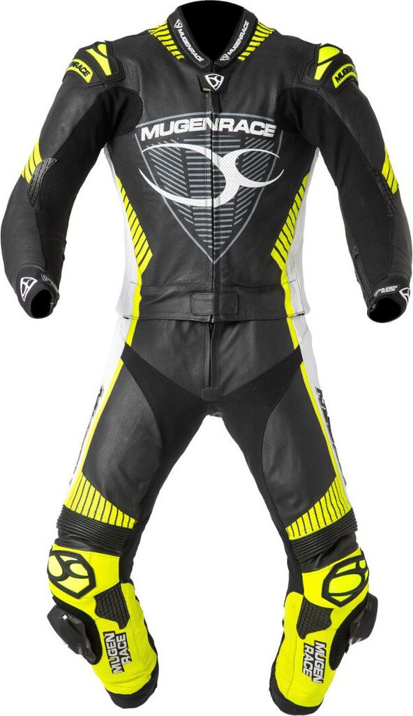 MUGENRACER Impegnato perforierte 2-Teiler Motorrad Lederkombi, schwarz/weiß/neon-gelb, 48