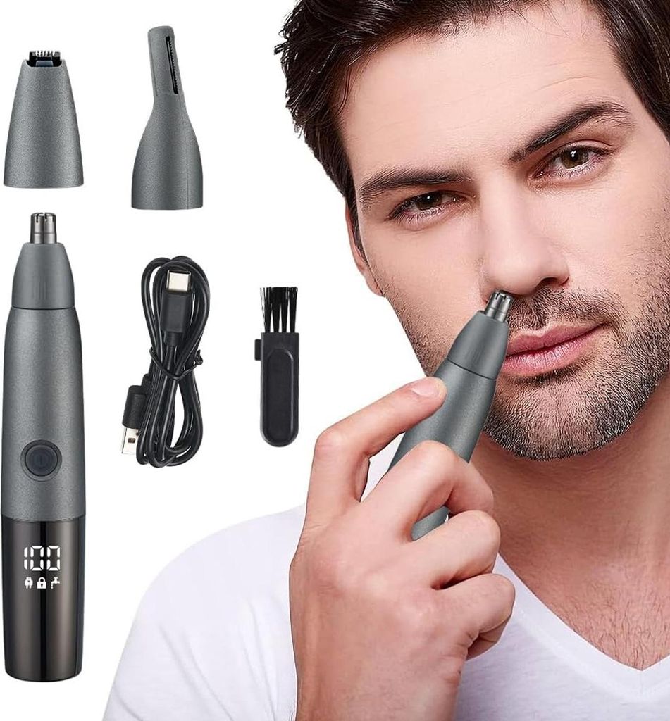3-in-1 Nasen- & Ohrhaartrimmer, LED Anzeige, voll waschbar & IPX7, Edelstahl Schneideköpfe, kompakt & leicht zu reinigen, Männer & Frauen