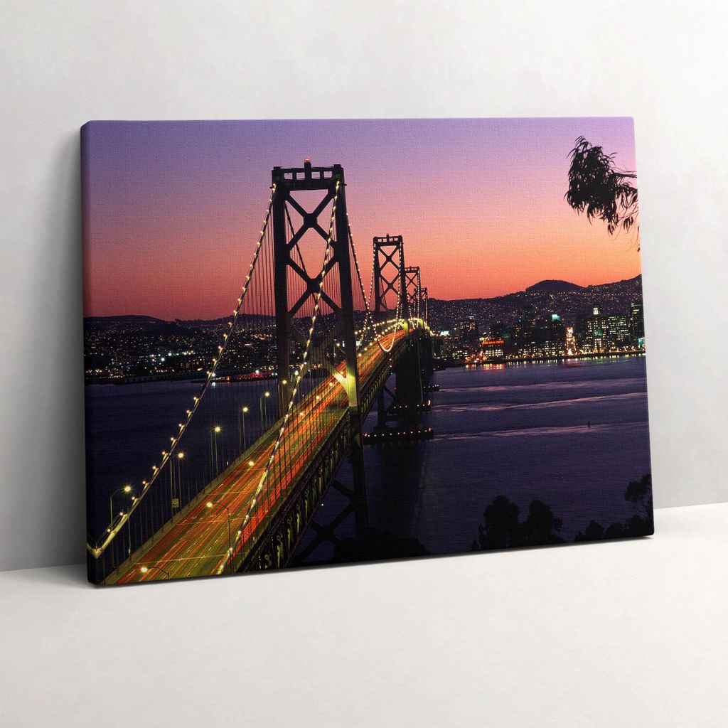 Brücke von San Francisco und Sonnenuntergang – Leinwandbild Wandbild – 80x60 cm – Leinwandbilder – Wandbilder – Schlafzimmer – Flur