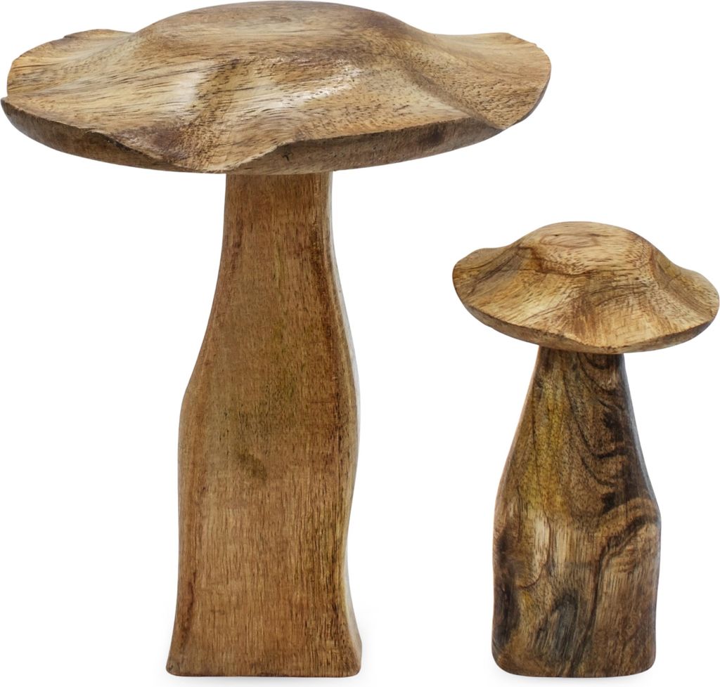 Two wooden mushroom decorations of different sizes are displayed against a white background.