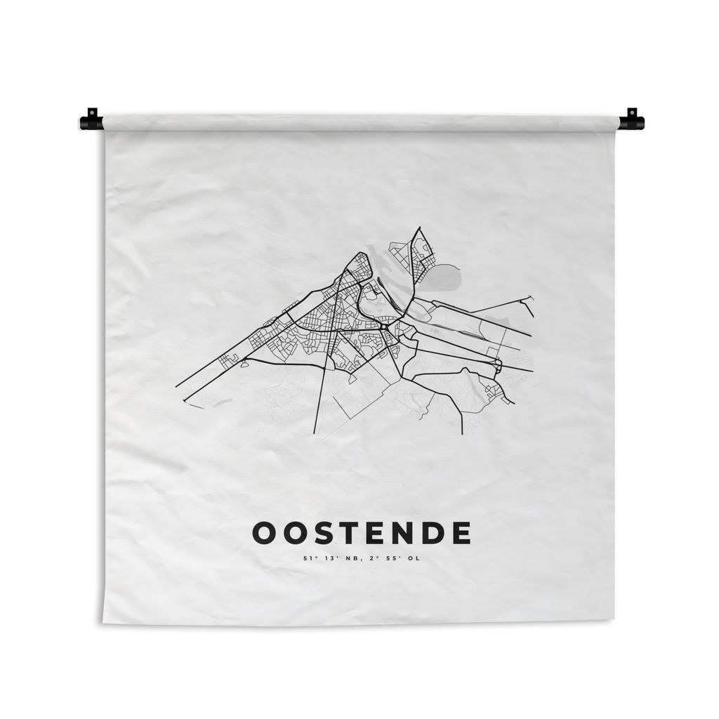 MuchoWow Wandteppich Wandbehang Belgien - Ostende - Stadtplan - Karte - Schwarz und weiß - Karte 90x90 cm Tapisserie Dekoration Wandtuch - Wanda...
