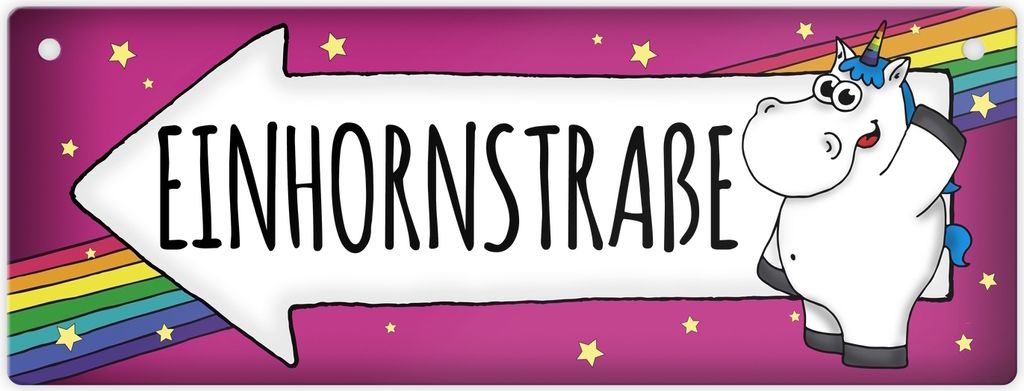 Honeycorns Metallschild mit Einhorn Motiv und Spruch: Einhornstraße Wandschild
