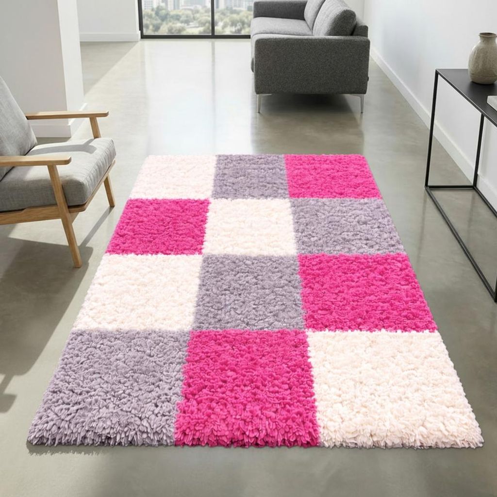Shaggy Teppich Mehrfarbig Rosa Grau Creme – moderner Hochflor Teppich mit Karomuster Größe - 200 x 290 cm