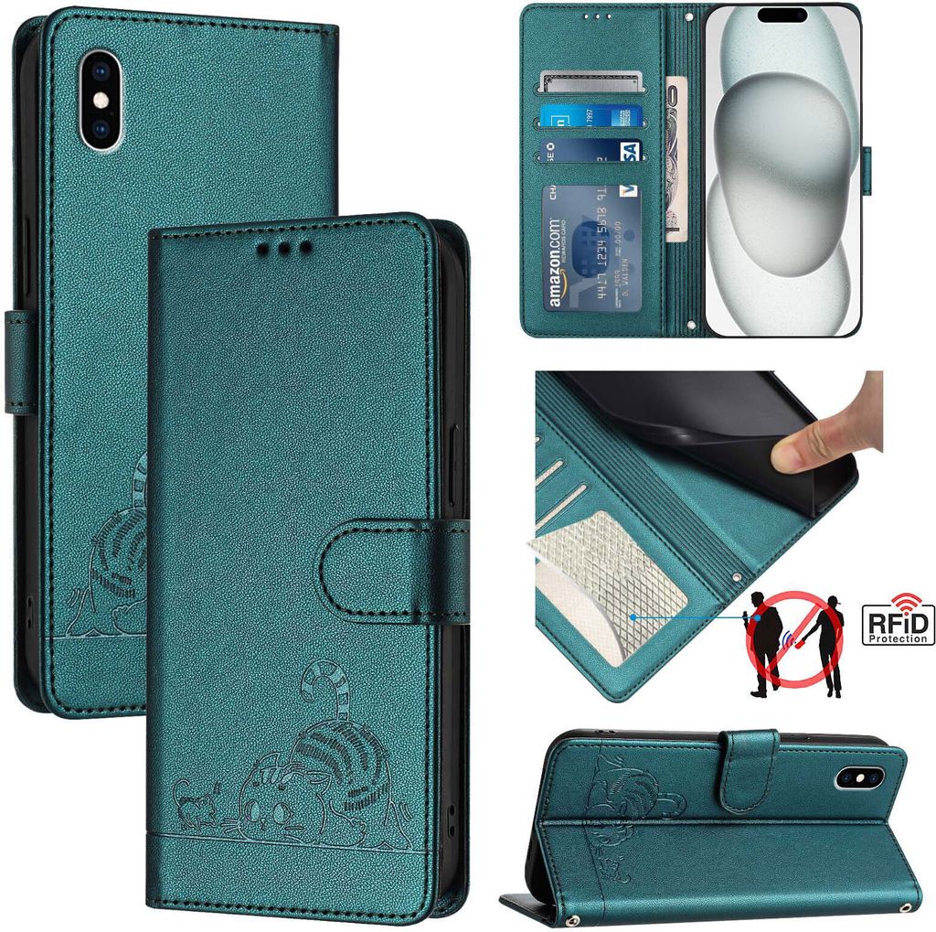 Leder Hülle für iPhone XS Max Süße Katze Flip Case Brieftasche Schutzhülle mit Standfunktion Grün