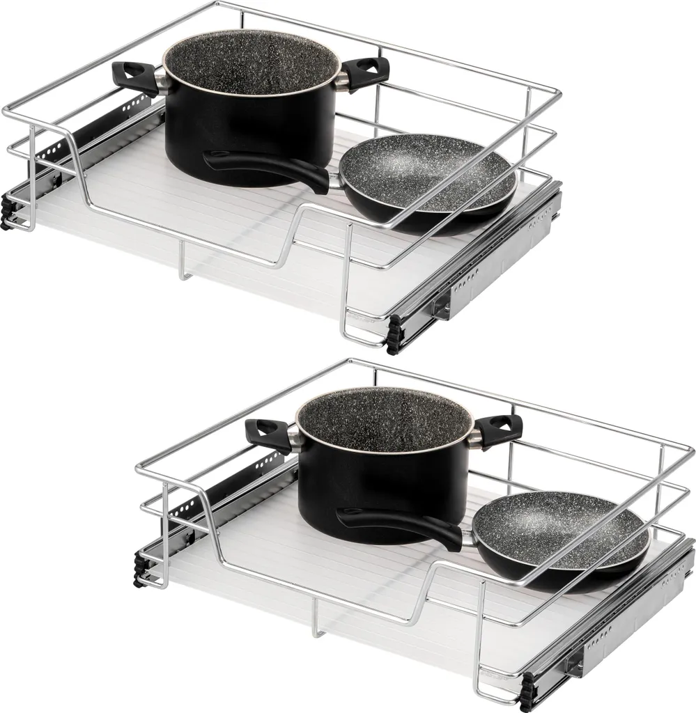 set di 2 cassetti telescopici bremermann - 60 cm con ripiano, cassetto da cucina per il montaggio a posteriori, in metallo (cromo)