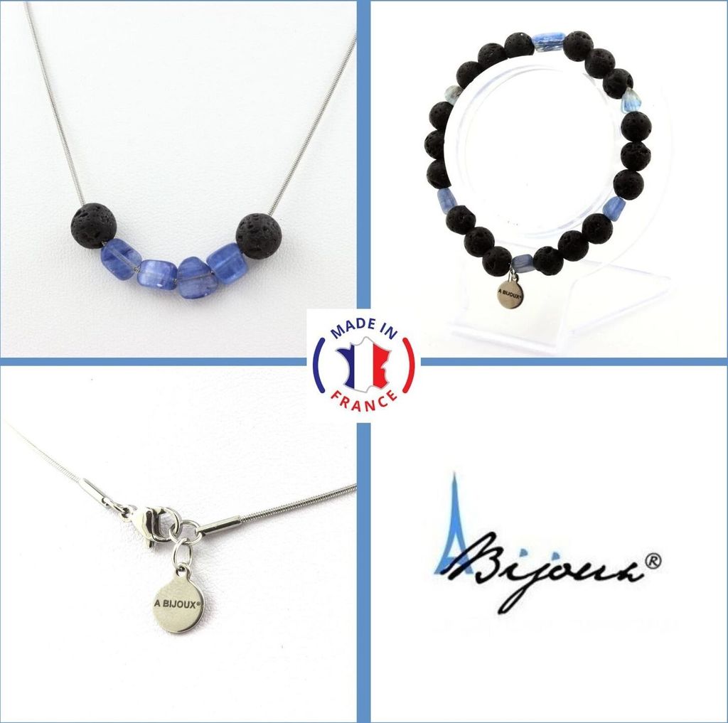 Schmuckset Armband Halskette Blaue Kyanitperlen aus Brasilien + Lava 8 mm Edelstahlkette