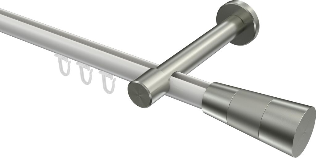 Interdeco Innenlaufstange / Gardinenstange mit Innenlauf Weiß / Edelstahl-Optik, Typ Prestige Tanara (Konus Bicolor), 20 mm Ø 1-läufig, 260 cm