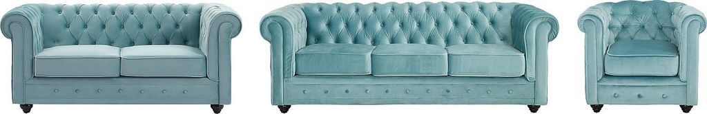 3-Sitzer und 2-Sitzer Sofas und Sessel aus pastellblauem Velours CHESTERFIELD