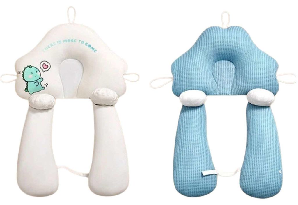Zimilo Baby Kopfkissen Ergonomisch Verstellbar, Beidseitiges Design, Anti Plagiozephalie Kissen mit Armstütze, mit Cartoon-Druck, Weiß Blau