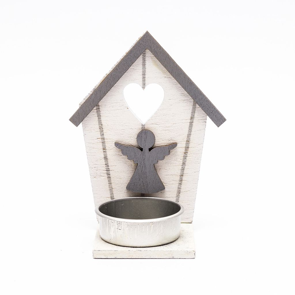 Kerzenständer aus Holz, Häuschen mit Engel, 10,5 x 5 cm