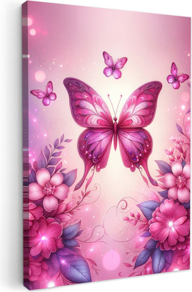 Leinwand Bilder 40x60 cm - Kinder Mädchen - Schmetterling - Rosa, Bilder Wohnzimmer Modern, Wanddeko