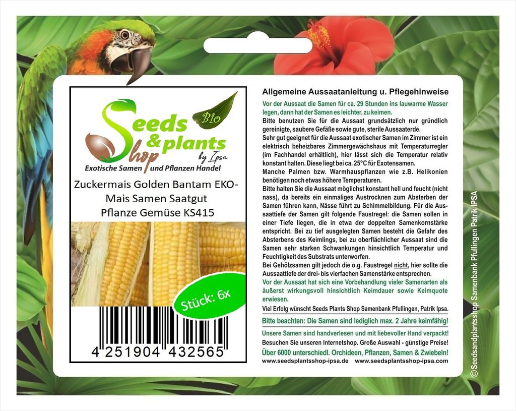 6x Zuckermais Golden Bantam EKO- Mais Samen Saatgut Pflanze Gemüse KS415