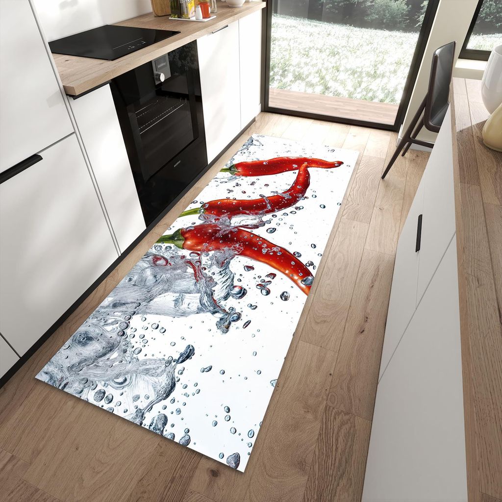 Küchenteppich 90x240cm rutschfest & abwischbar PVC Läufer - Chilis im Wasser