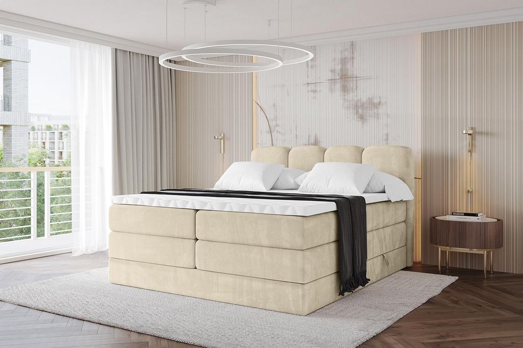 ALTDECOR Boxspringbett - NINA KING - 160x200 Beige Monolith- Komplett-Set mit H3 und H4 Matratzen und Topper, Polsterbett mit Bettkästen, Lattenro...
