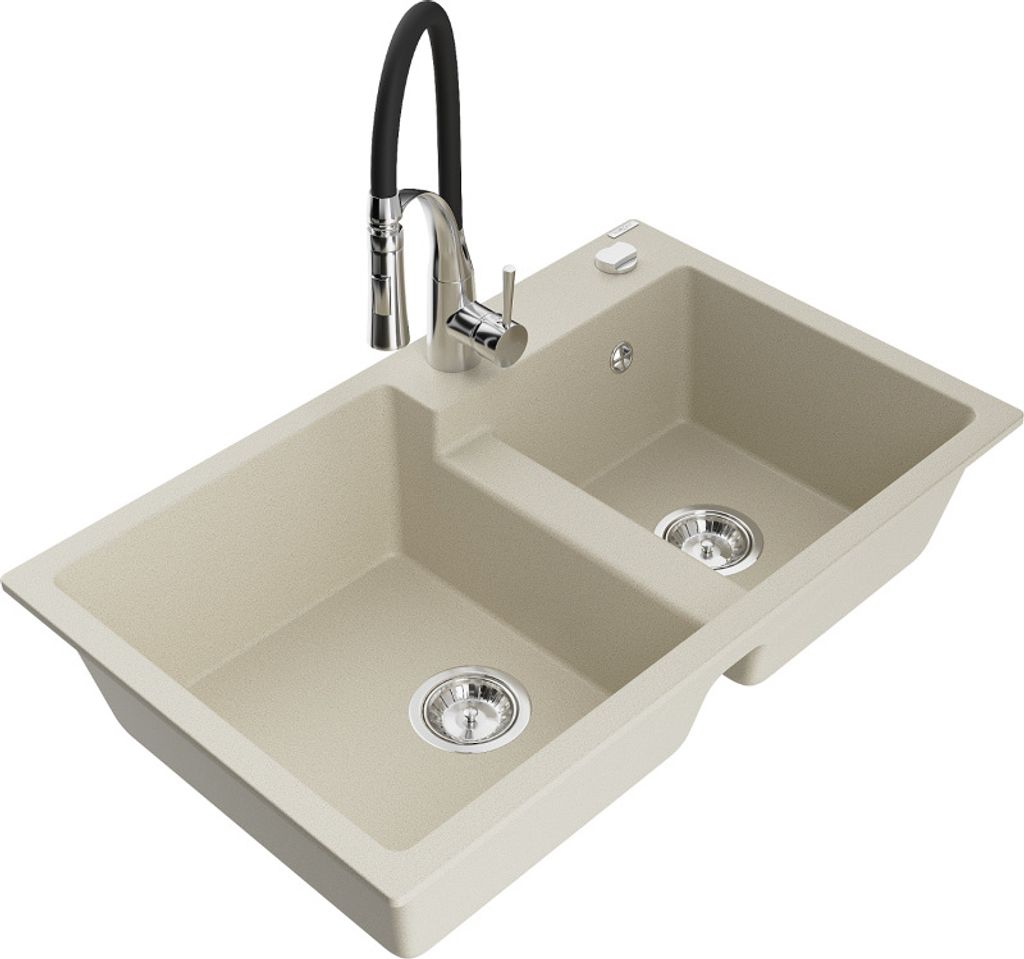 Mexen Tomas 2-Becken-Granitspüle mit Mischbatterie Aster, Beige - 6516-69-73450-07