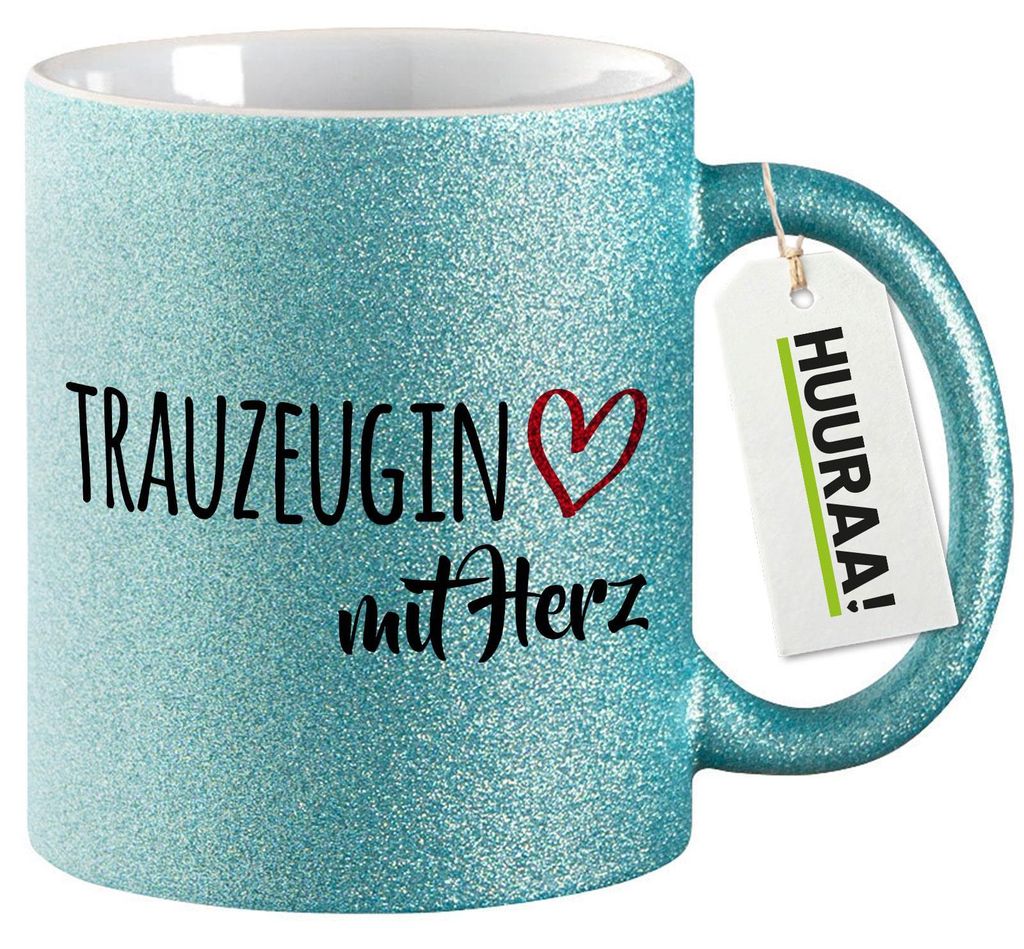 Huuraa Glitzertasse Trauzeugin mit Herz 330ml Blau Keramik Produktbild 