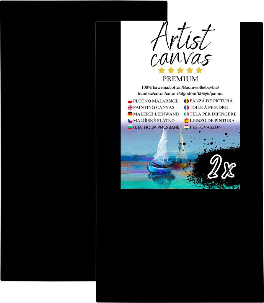 2x Leinwand auf Keilrahmen 100% Baumwolle 330 g/m² Schwarz grundiert 50X80 cm