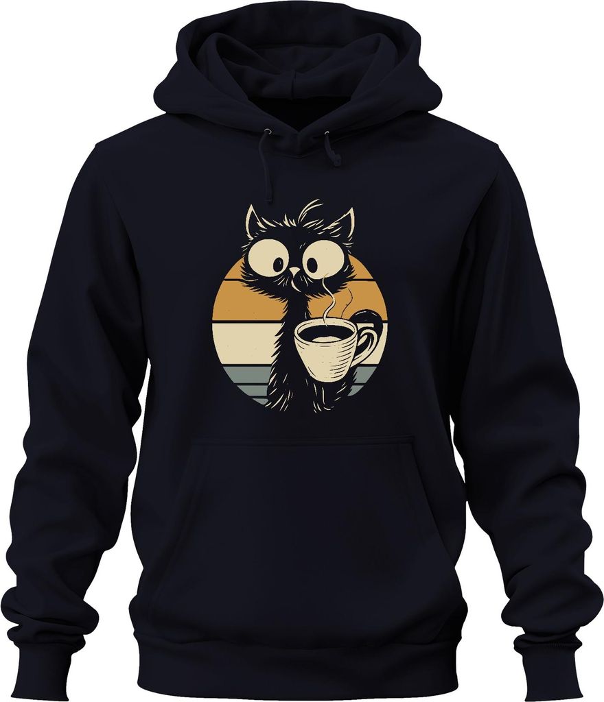 Katze mit Kaffee Kaffeetasse Niedliche Retro Sonnenuntergang Uni Hoodie Kapuzenpullover, Navy, XL