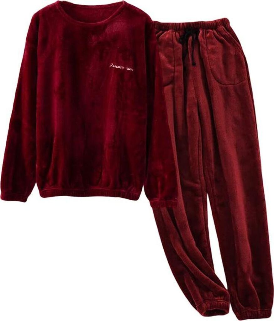ASKSA Herren Pyjama Lang Schlafanzug Set Winter Fleece Zweiteiliger und Schlafhose Set Weich Flanell Nachtwaesche Loungewear,Weinrot,XL