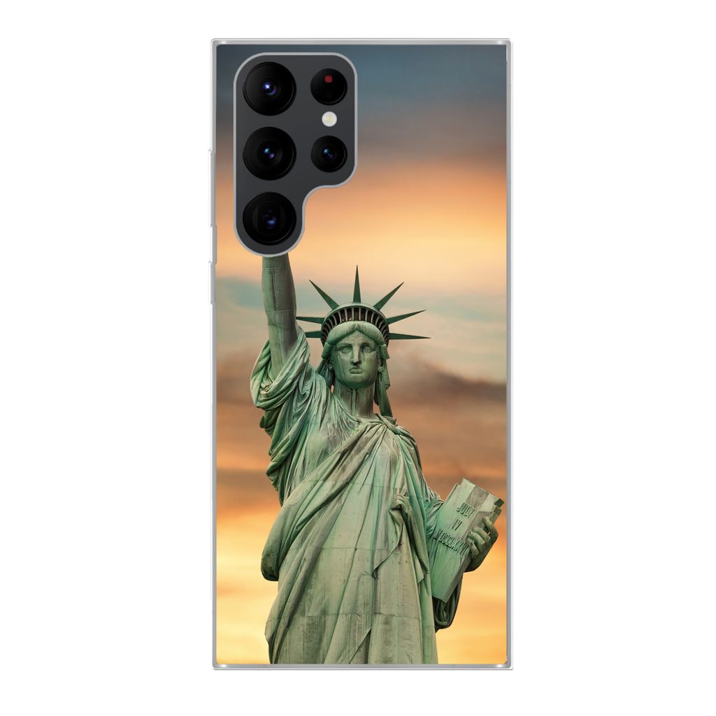 MuchoWow Handyhülle Schutzhülle Hülle für Samsung Galaxy S22 Ultra New York - Freiheitsstatue - Sonnenuntergang Silikon Softcase Handy Hülle...